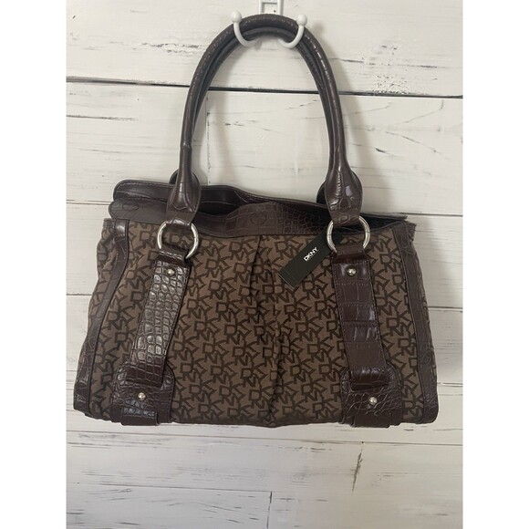 DKNY Town & Country Satchel Tote Bag Brown Monogram Faux Croc Trim NWT - Picture 1 of 5